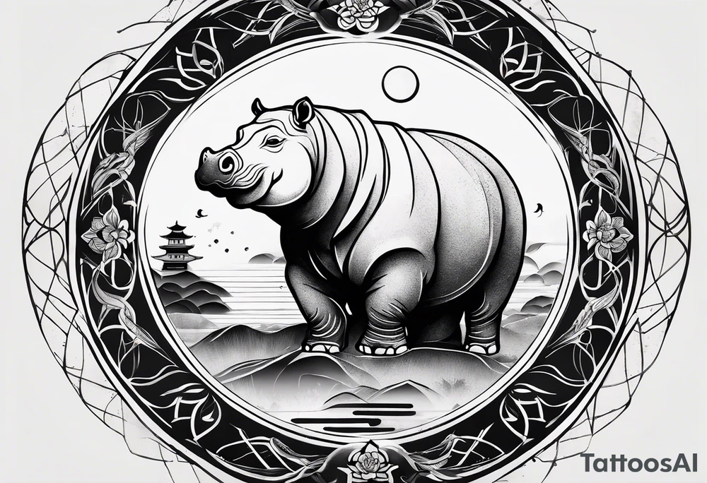 Very asymmetrical, +geometric pattern, with realistic full moon, with seeious looking hippo, +zen feel, + Buddhism touch, +tribal, +geometric, +chinese ink art 
with wintersweet flower bud, +portrait orientation, +inkart touch, tattoo idea