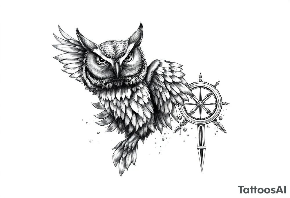 an owl,a compass,landscape. tattoo idea