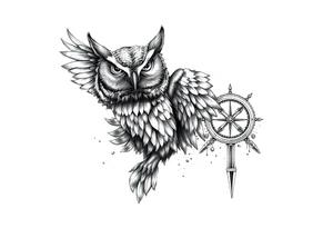 an owl,a compass,landscape. tattoo idea