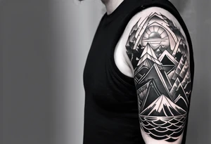 From left shoulder to forearm sleeve tattoo. Fine line geometric, concept design tattoo, ocean thunder fire tattoo idea