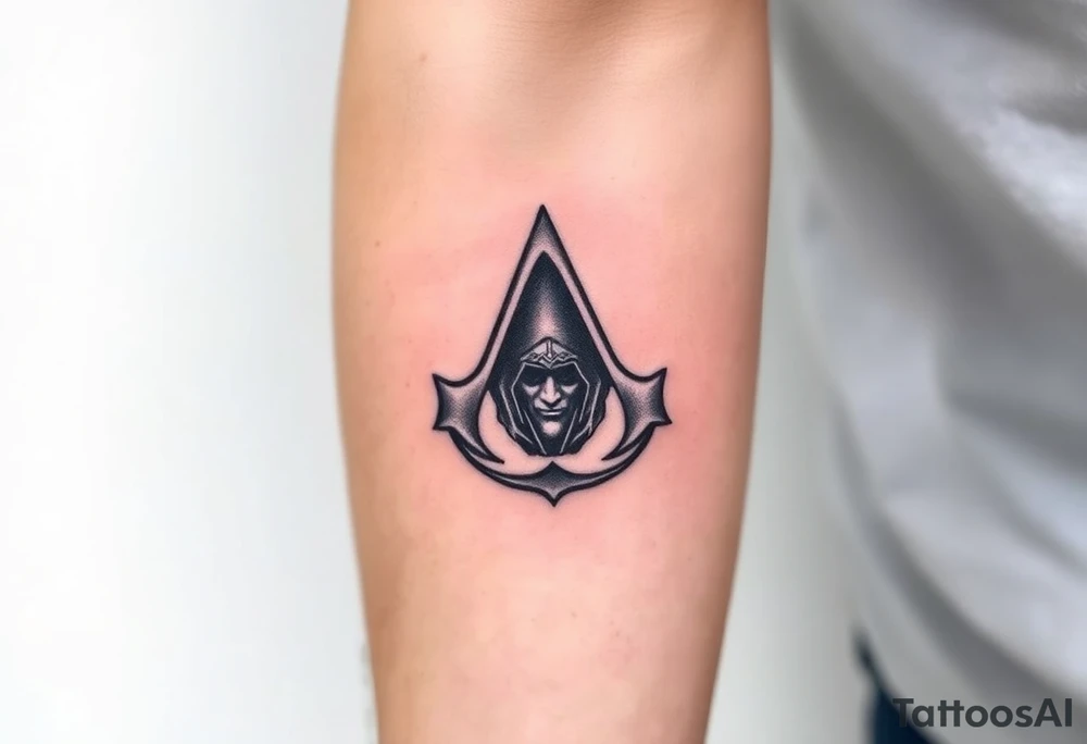 Assassins Creed emblem with Ezio hooded character tattoo idea
