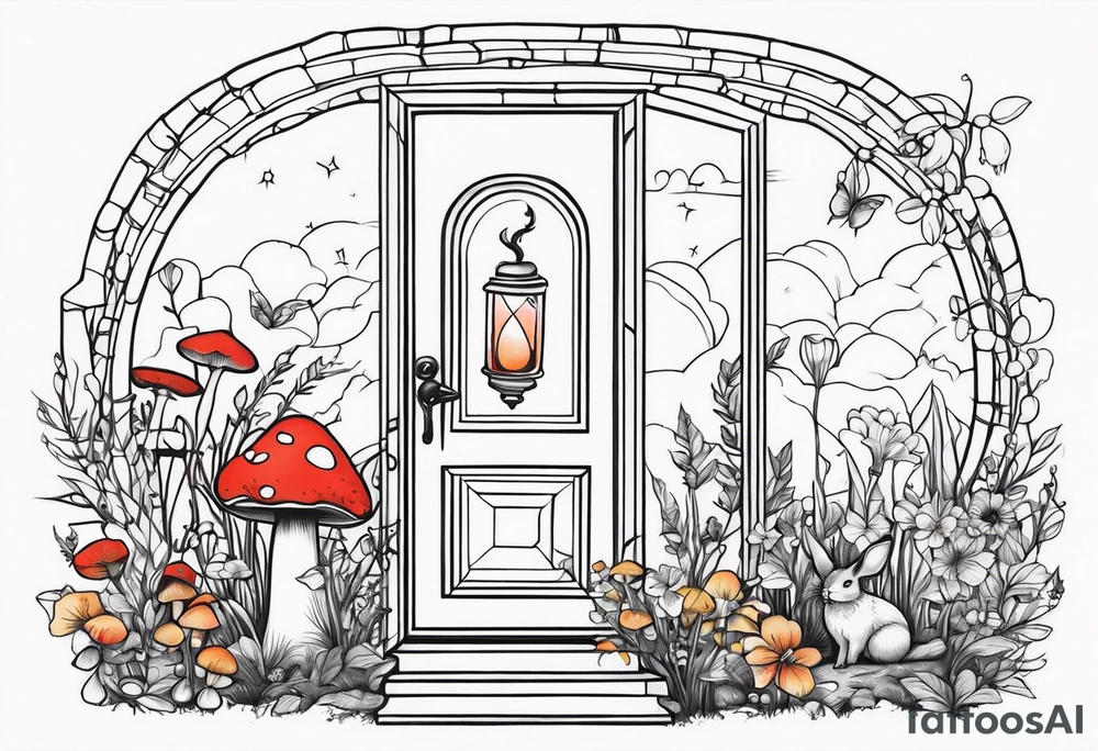 Mystical garden with door and potions and a rabbit and flowers and mushrooms tattoo idea