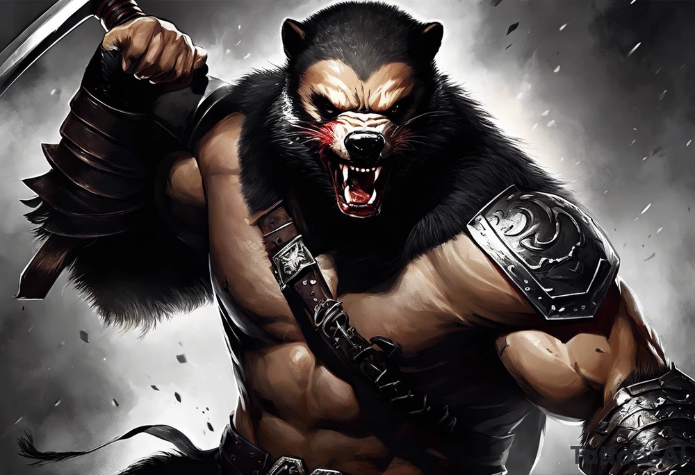 Draw me psychopath Fearless Honey Badger/Berserker with aggressive full body, killer face with a scary smile, very long nails and he attacks like a Bloody Assassin/Warrior/Gladiator to us and also, he has very deadly looking. He fights with his nails only. Everybody scares after their first sight. Give me horror type Badger Tattoo. I want to see his Realistic full body with no weapons. You can show destruction at the back. tattoo idea