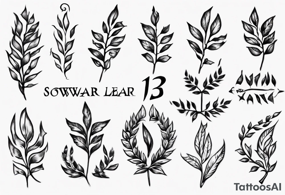 simple memorial tattoo A sowrd runs through a laurel leaf with the number 13 tattoo idea