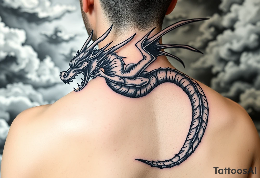 fierce dragon breathing iridescent fire against stormy skies Spelling J7 tattoo idea