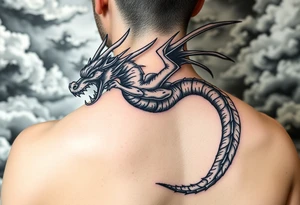 fierce dragon breathing iridescent fire against stormy skies Spelling J7 tattoo idea