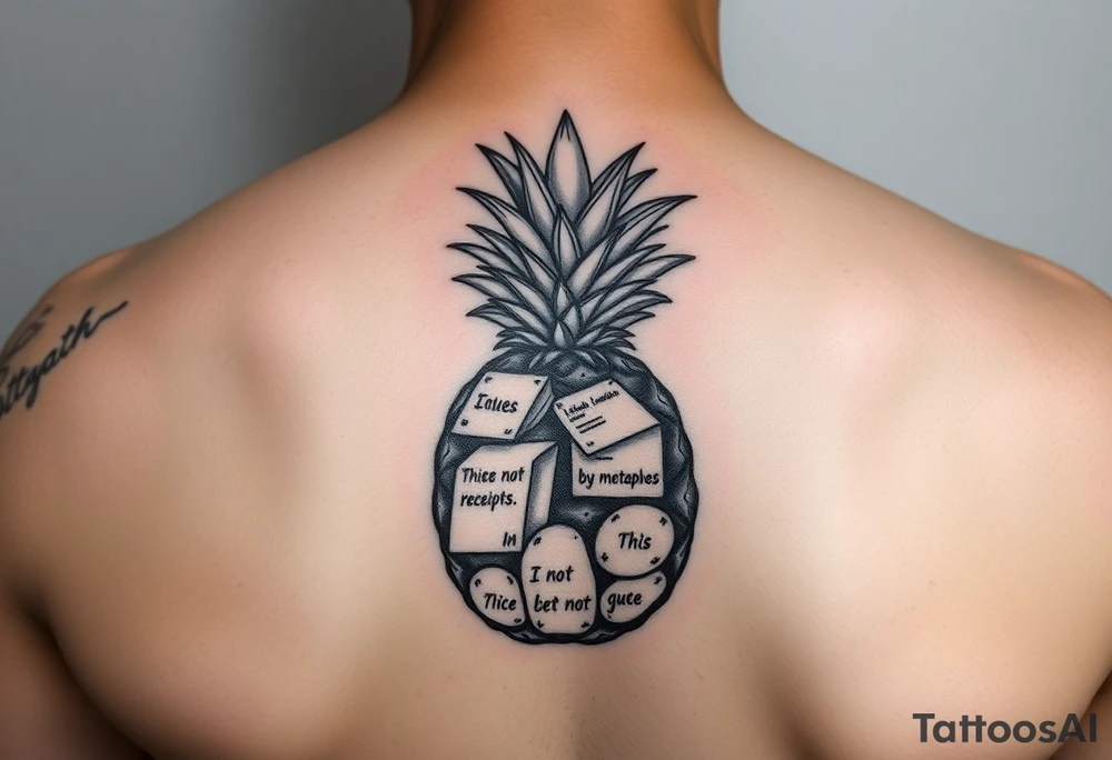 "Pineapple cross-section tattoo: slices are receipts with 'This is not a metaphor'. Black ink, surrealism." tattoo idea