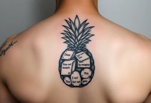 "Pineapple cross-section tattoo: slices are receipts with 'This is not a metaphor'. Black ink, surrealism." tattoo idea