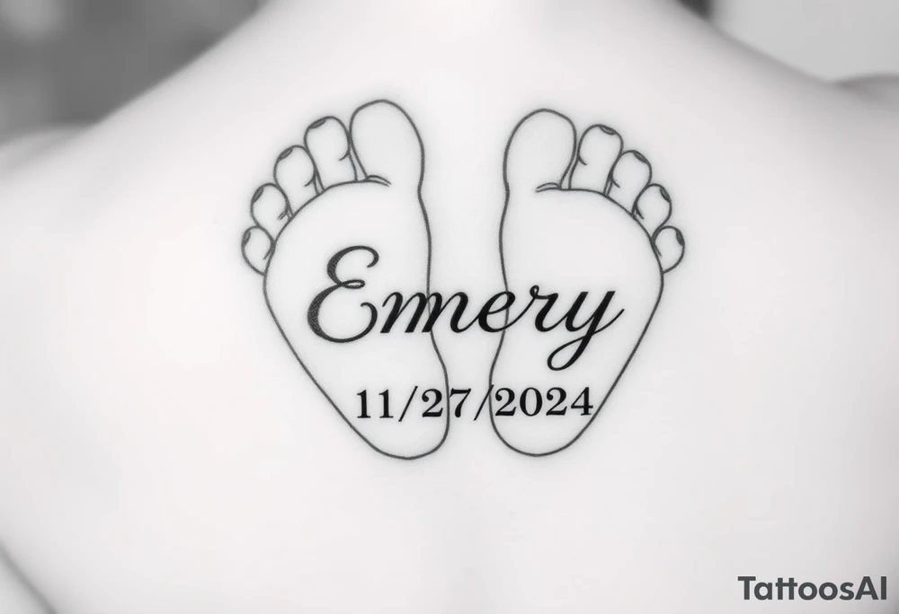 Baby feet with the name Emery and his date of birth in Roman numbers 11/27/2024 and his weight 5 pounds 12 ounces tattoo idea
