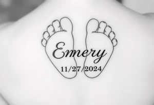 Baby feet with the name Emery and his date of birth in Roman numbers 11/27/2024 and his weight 5 pounds 12 ounces tattoo idea