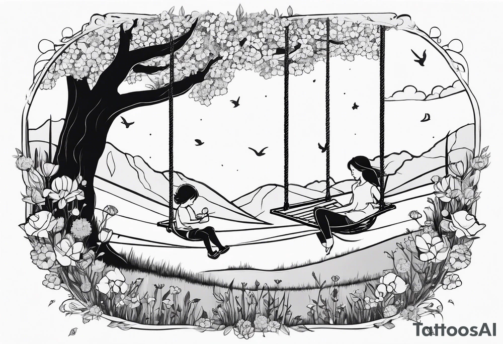 Mom with son and daughter on a swing in the distance in a field of flowers tattoo idea