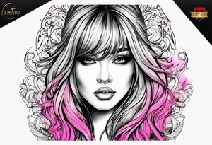 Make a outline of long hair with bangs and pink highlights in the back tattoo idea