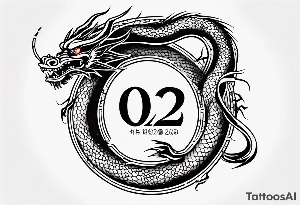 Chinese dragon in a circular shape with "02.03" written on its skin tattoo idea