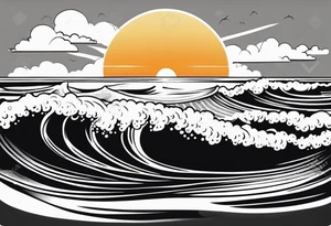 Hawaian beach with a big sun and many small waves, only black and white. The shape should BE a surfboard tattoo idea