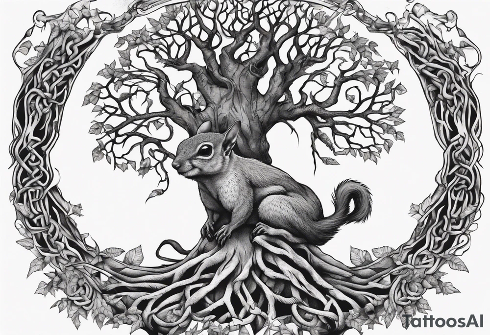 norse tree of life with a squirrel running up the side and a serpent weaving through the roots of the tree tattoo idea