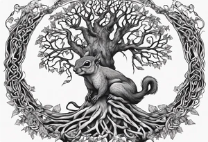 norse tree of life with a squirrel running up the side and a serpent weaving through the roots of the tree tattoo idea