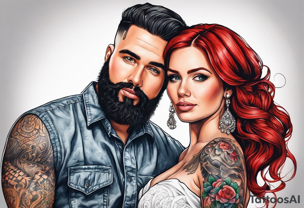Busty red haired woman with a bearded man who has black hair getting married tattoo idea