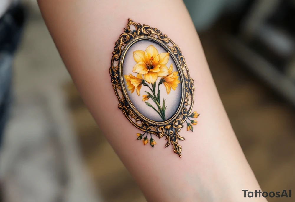 antique mirror with yellow narcissus in it tattoo idea