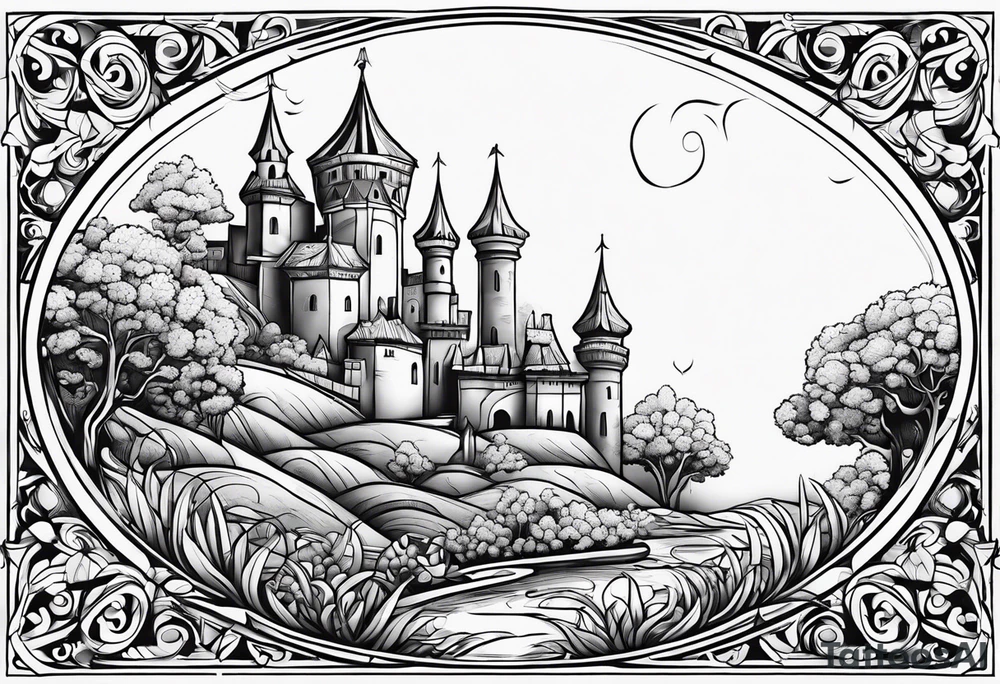 medieval tribal city land flowers vignette tattoo idea