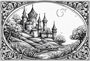 medieval tribal city land flowers vignette tattoo idea