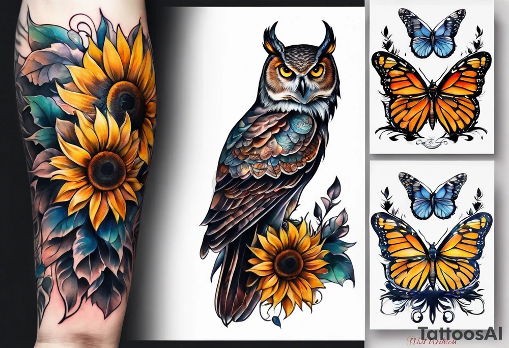 Sleeve with owl, sunflower and butterfly tattoo idea