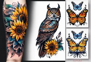 Sleeve with owl, sunflower and butterfly tattoo idea