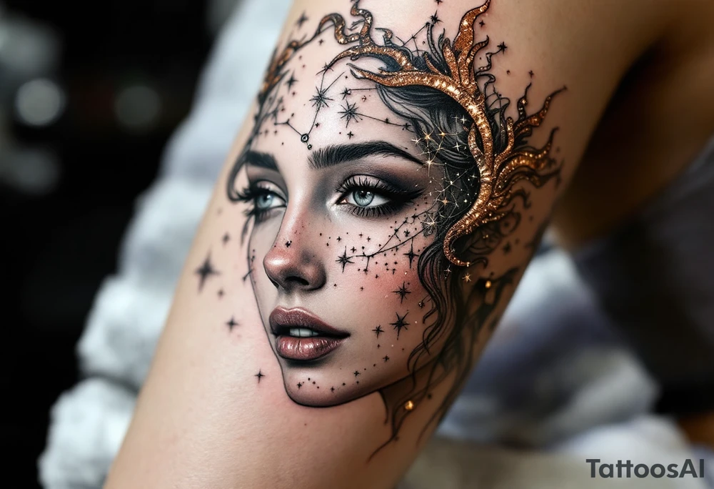 A realistic maiden’s face in grayscale is crowned with Virgo’s constellation in glittering copper tones. tattoo idea
