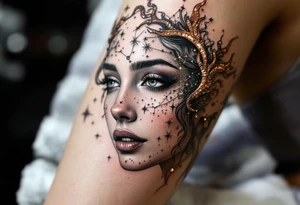 A realistic maiden’s face in grayscale is crowned with Virgo’s constellation in glittering copper tones. tattoo idea