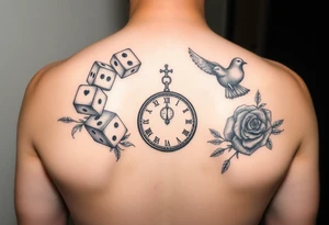 Dice cards money girls clock compass dove rose sleeve tattoo idea