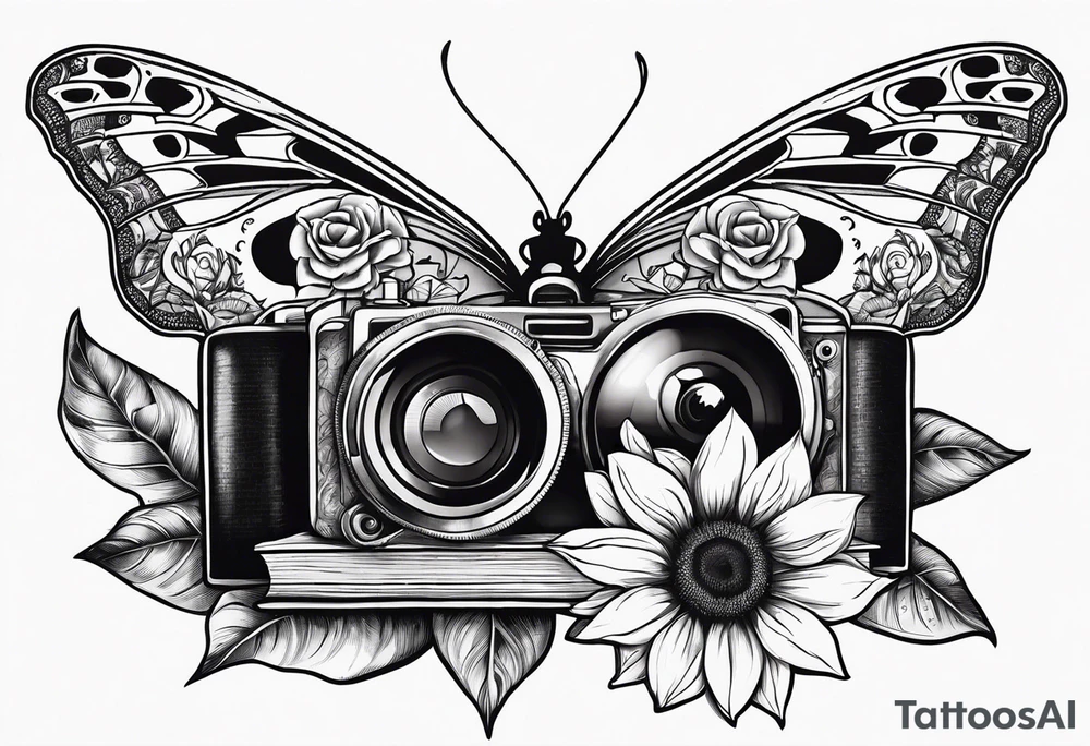 Butterfly, sunflower, camera, book, flower rose tattoo idea Butterfly, sunflower, camera, book, flower rose tattoo idea