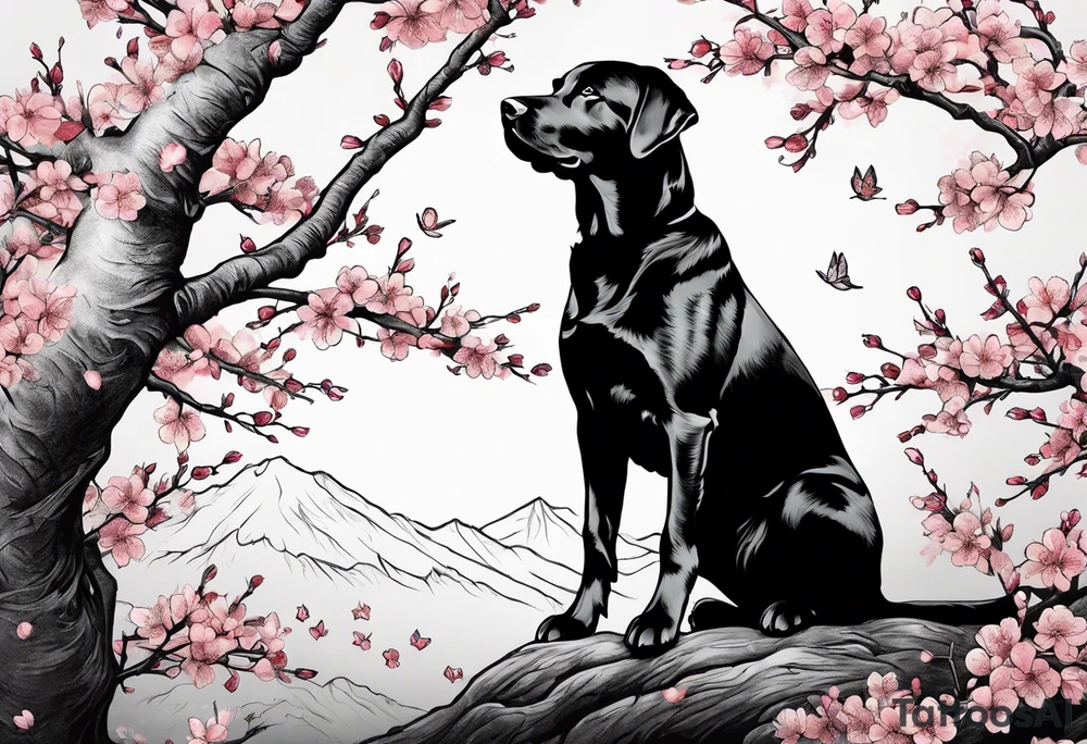Silouhette of black lab under a cherry blossom tree bending to the right tattoo idea
