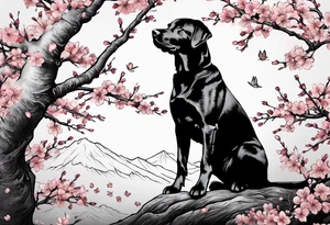 Silouhette of black lab under a cherry blossom tree bending to the right tattoo idea