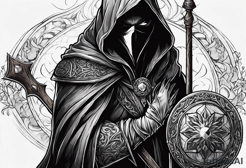 Hooded figure with no face carrying wooden staff with gem on top and wearing a long tattered cloak tattoo idea