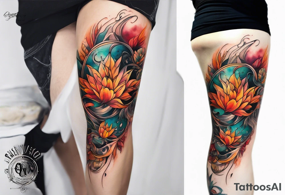 Knee tattoo in fall colors with water flow washes tattoo idea
