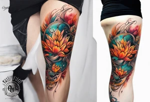 Knee tattoo in fall colors with water flow washes tattoo idea