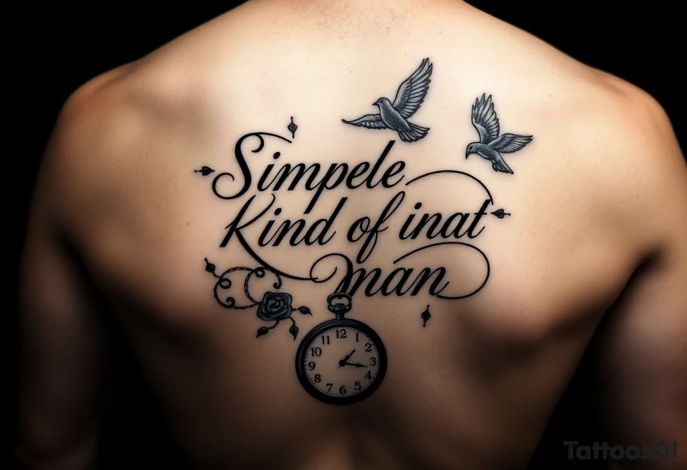 Design a tattoo featuring the quote ‘Simple Kind of Man’ in elegant, flowing script. Surround it with symbolic elements that reflect the meaning of the Lynyrd Skynyrd song: a bird in flight to symbolize freedom, a vintage pocket watch to represent wisdom and time, and a gentle mother’s hand or silhouette to symbolize guidance. Use soft black and gray shading with a balanced, sentimental feel. Intended for inner forearm or left chest. tattoo idea