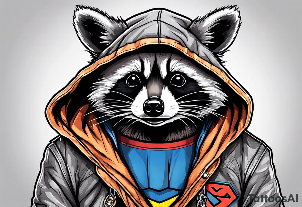 raccoon wearing a Superman hoodie tattoo idea