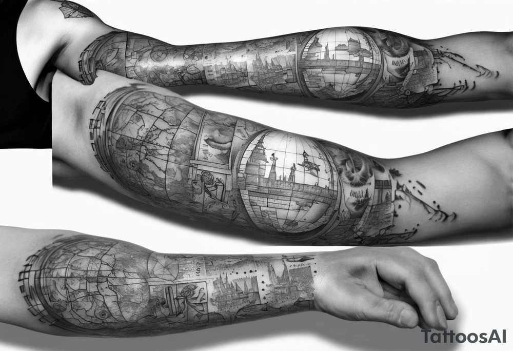 full arm tattoo for man with images of maps and travel and science tattoo idea