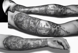 full arm tattoo for man with images of maps and travel and science tattoo idea