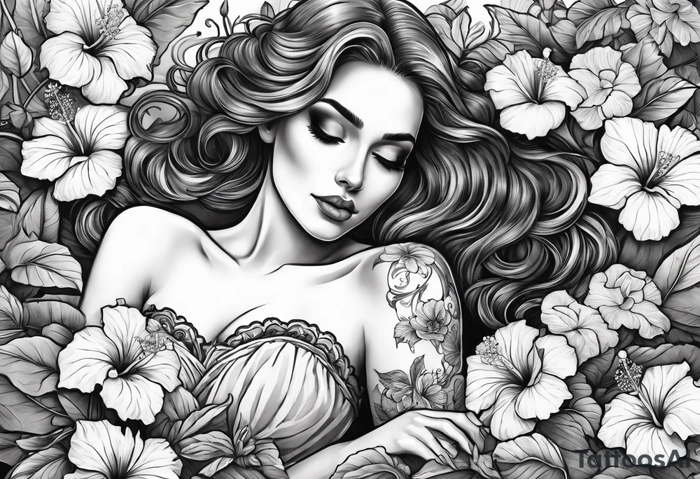 a  female skeleton laying in a bed of hibiscus flower. tattoo idea