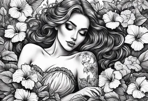 a  female skeleton laying in a bed of hibiscus flower. tattoo idea