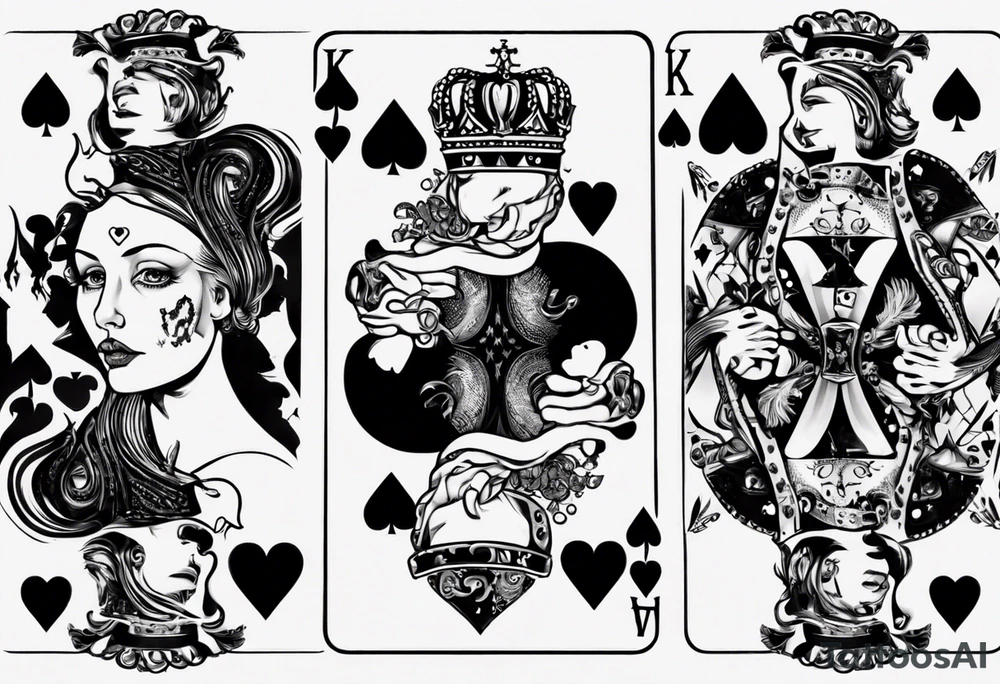 King of heart playing card with the queen of heart playing card around his arm tattoo idea
