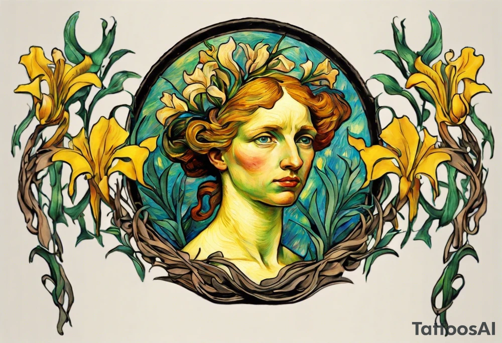 Create a colorful Vincent van Gogh Irises tattoo with an ancient Greek female statue in the middle. The tattoo should take the form of a crescent, with vines gracefully intertwining at a central point in the middle of the wreath.  The intended placement is on the upper chest. The overall design should be small in size while maintaining a delicate and artistic aesthetic. Pay attention to the graceful flow of the vines and the placement of the irises to achieve a refined and elegant look. tattoo idea