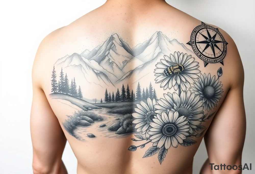 full arm black and white tattoo realistic nature landscape majestic river flowing down bright mountains trees, daisies, chrysanthemums a real bee on one flower a large compass on the forearm tattoo idea
