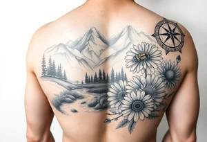 full arm black and white tattoo realistic nature landscape majestic river flowing down bright mountains trees, daisies, chrysanthemums a real bee on one flower a large compass on the forearm tattoo idea