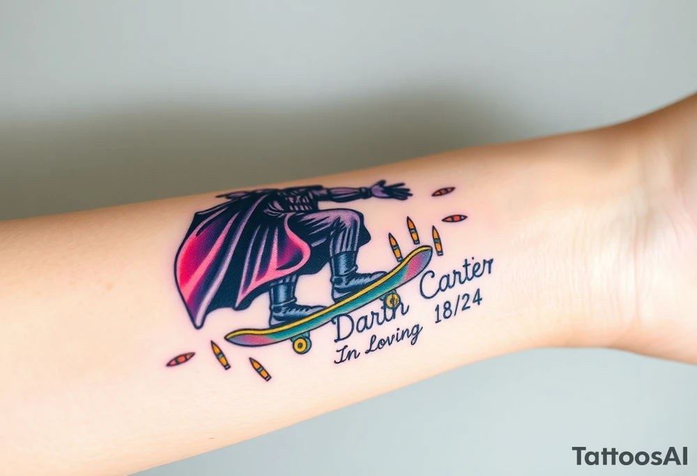 Darth Vader skateboarding > bullets > in loving memory > colors
skateboard words "Darth Carter"
add date 12/29/88-01/06/24 tattoo idea