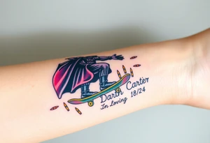 Darth Vader skateboarding > bullets > in loving memory > colors
skateboard words "Darth Carter"
add date 12/29/88-01/06/24 tattoo idea