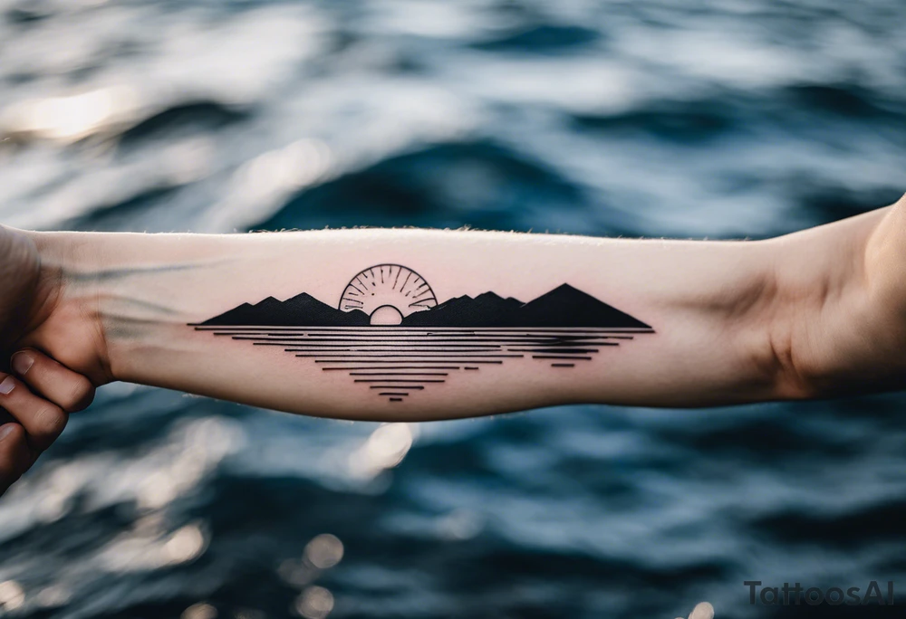 Minimalistic, small, black and white tattoo on male forearm. Tattoo style is line drawing. From the perspective of being on the ocean, the water is calm, with no waves in sight, the sun is setting behind the ocean, reflecting light onto the water. The tattoo in the shape of a rectangle, 4 inches wide by 2 inches tall. tattoo idea