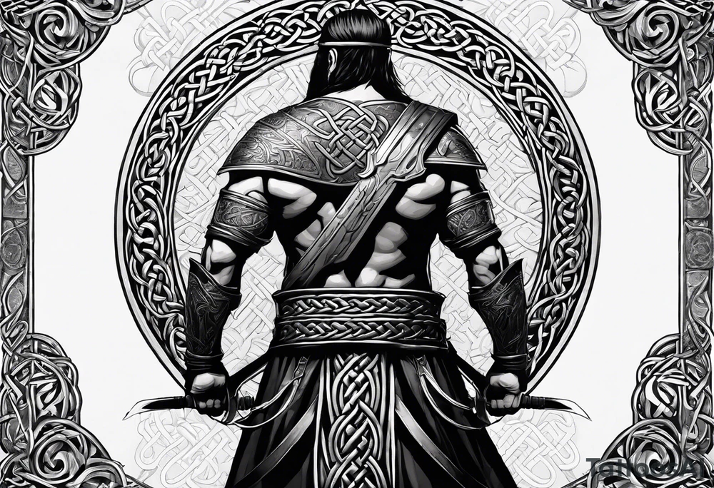 Full body side profile shot of a Celtic warrior with weapons, facing from left to right tattoo idea