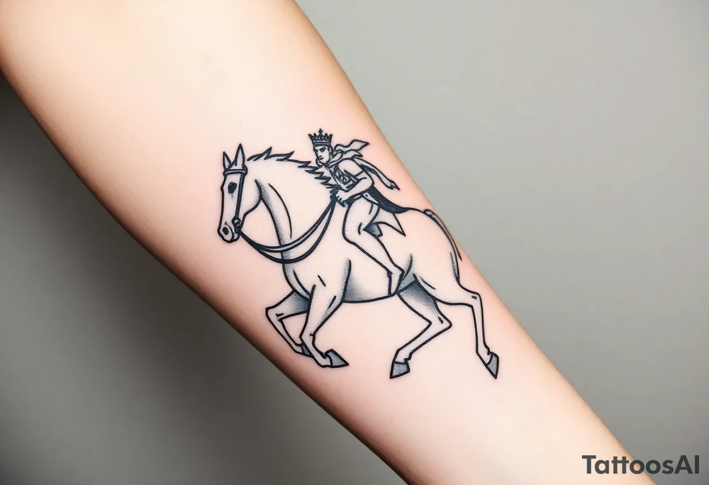 Generate an image of conquest on a white horse. Use this passage from Revelations: "And I saw, and behold a white horse: and he that sat on him had a bow; and a crown was given unto him: and he went forth conquering, and to conquer". Include the rider on a white horse wearing a crown and carrying a bow. Make the tattoo photo realistic tattoo idea